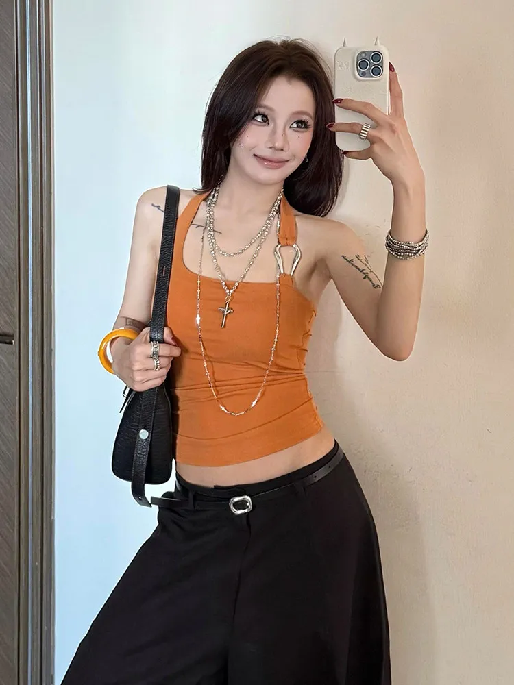 Women Orange Halter Camisole Top Vacation Style Vest Y2K Gyaru Crop Top Sleeveless Off Shoulder Corset Top For Women Summer 2025 view 6