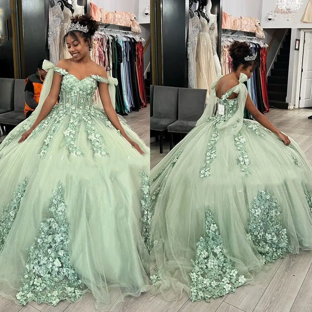 ANGELSBRIDEP Sage Green  Quinceanera Dresses Cape Sleeve 3D Florals Prom Dress Sweet 15 Birthday Dress For Women Party