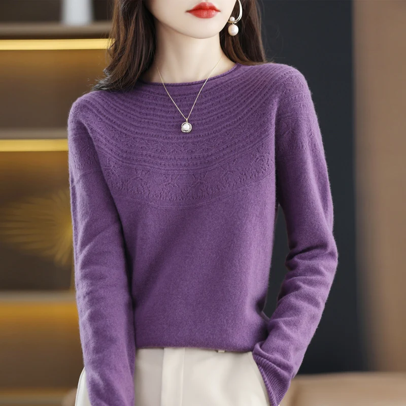 100% merino wool seamless cashmere sweater ladies O-neck pullover autumn and winter new knitted ground twisted wool sweater