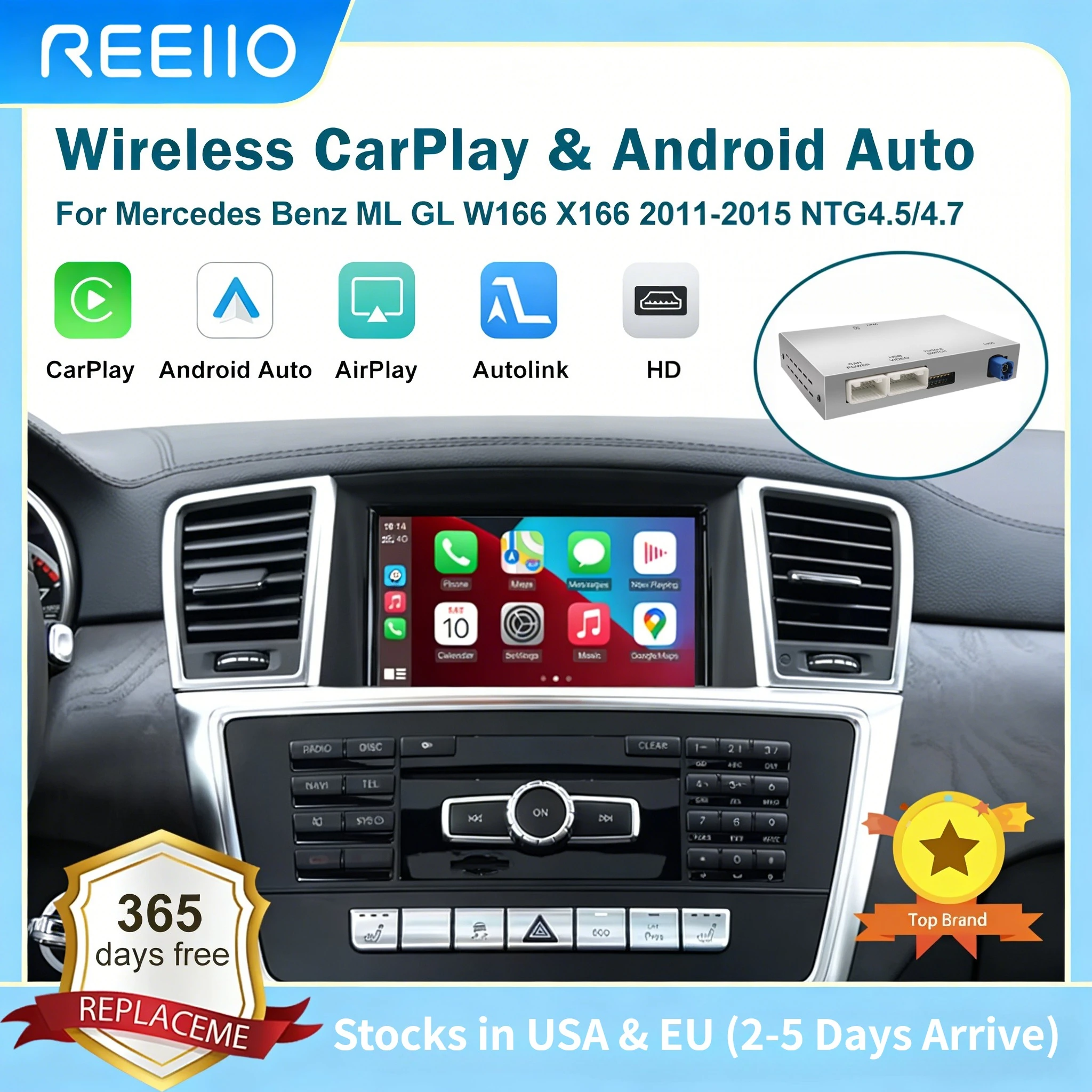 REEIIO Kabelloses CarPlay Android Auto für Mercedes Benz ML GL W166 X166 2012-2015 mit Mirror Link AirPlay Car Play Funktionen