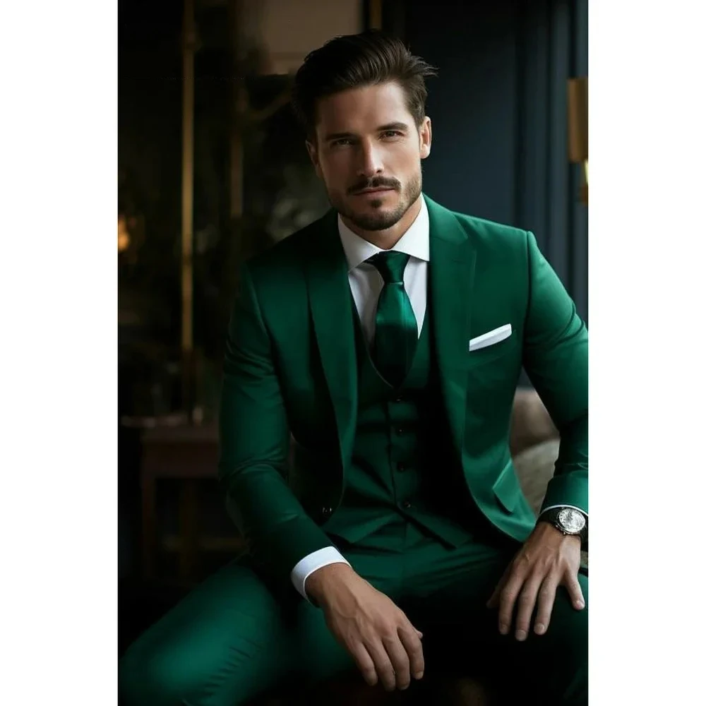 

Green Notch Lapel Single Breasted Suits for Men 3 Piece Formal Daily Casual Slim Business Outfits Elegant Groom Wedding Tuxedo