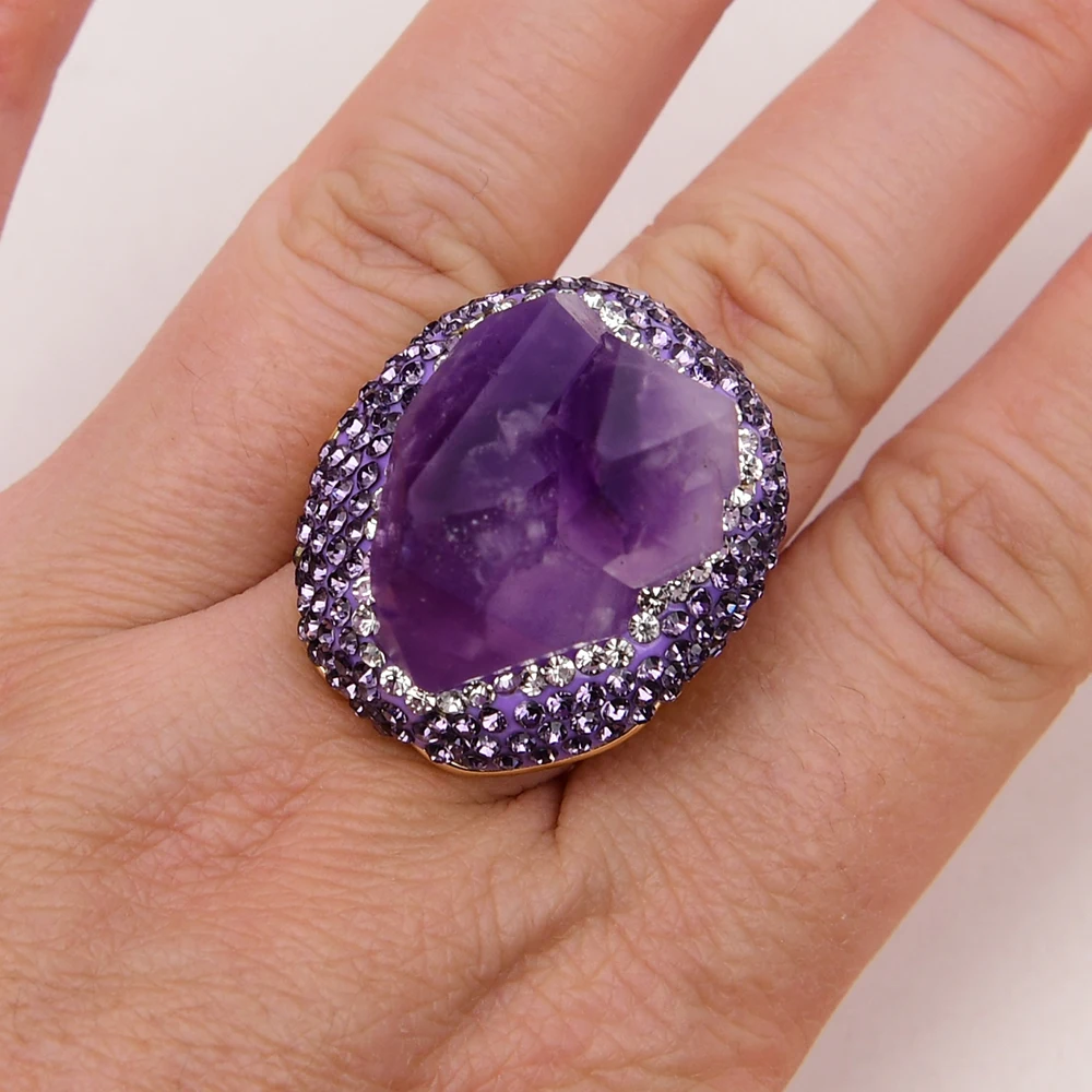 G-G Natural Amethsyt Druzy Rough Cluster Freedom Shape Trimmed With CZ Crystal Ring Adjustable Amethyst Rings