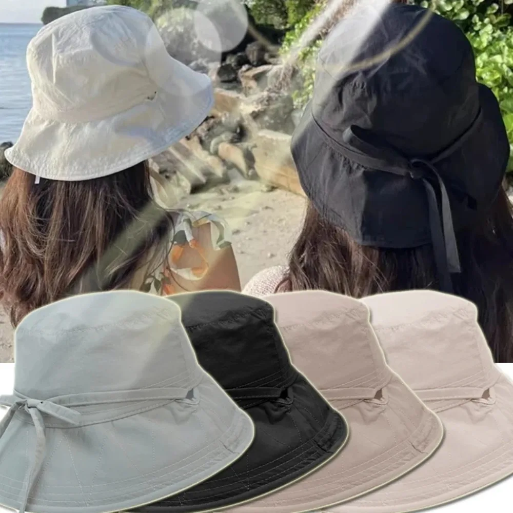 Casual Solid Color Fisherman Hat Summer Sunscreen Hat Outdoor Windbreak Rope Lace-up Sunshade Basin Hat Tie Bucket Cap