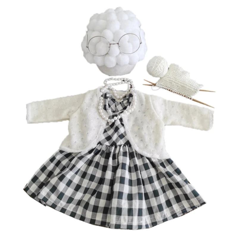 Baby Girls Cosplay Grandma Photo Props False Hair Pearl Bead Necklace Dress Sweater Crochet Tool Set 3-5Months