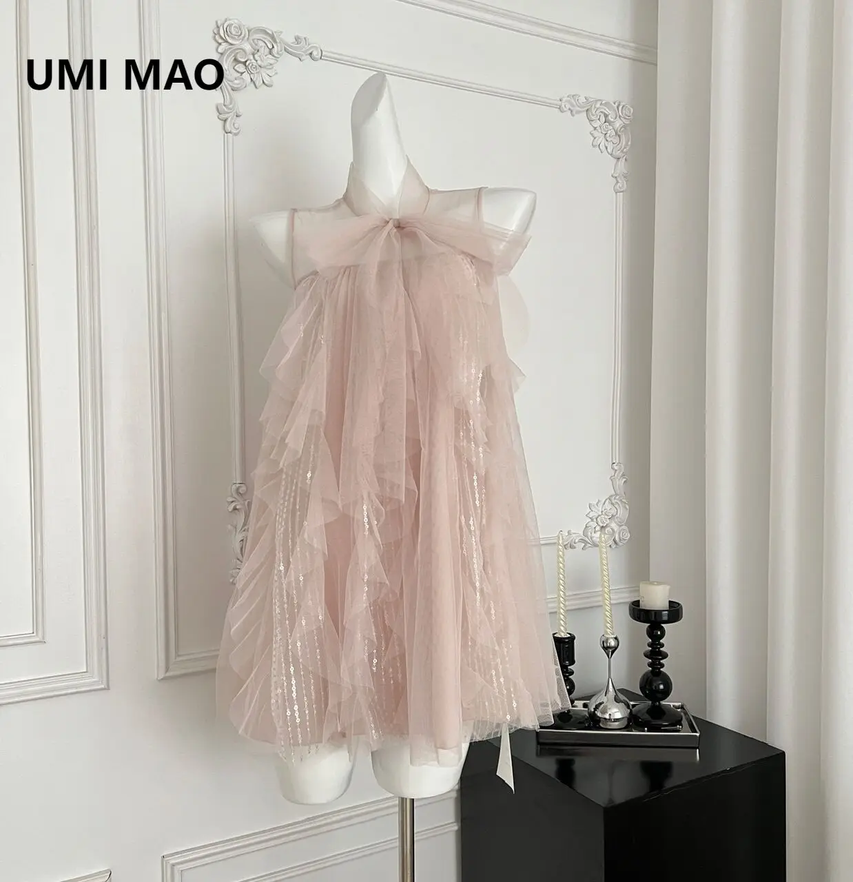 

UMI MAO Pink Mist Fragrance Bow Tie Irregular Sleeveless Camisole Dress Elegant Sheer Pure Desire Mesh Dresses Femme Y2K