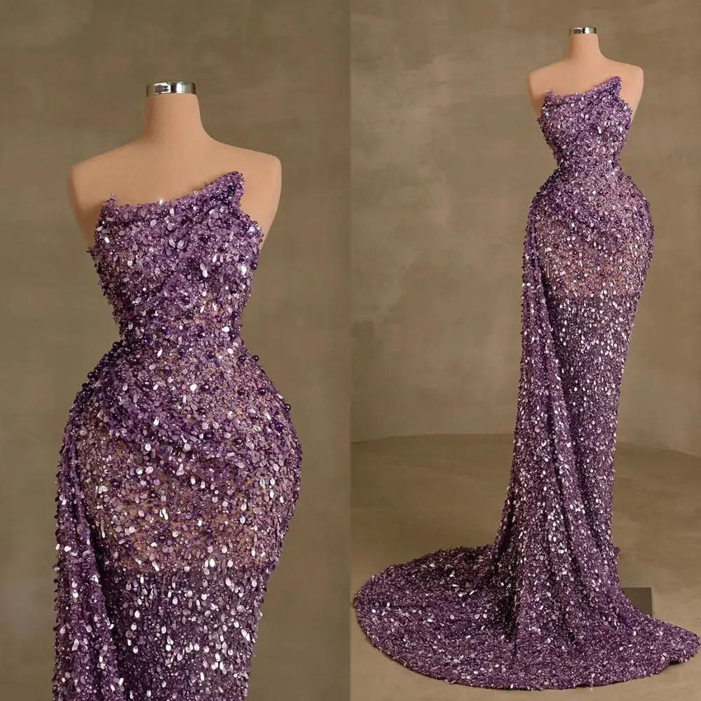 Simple Sequin Mermaid Evening Dresses Strapless Alien Collar Sexy Formal Party Gown With Detachable Train Special Occasion Dress