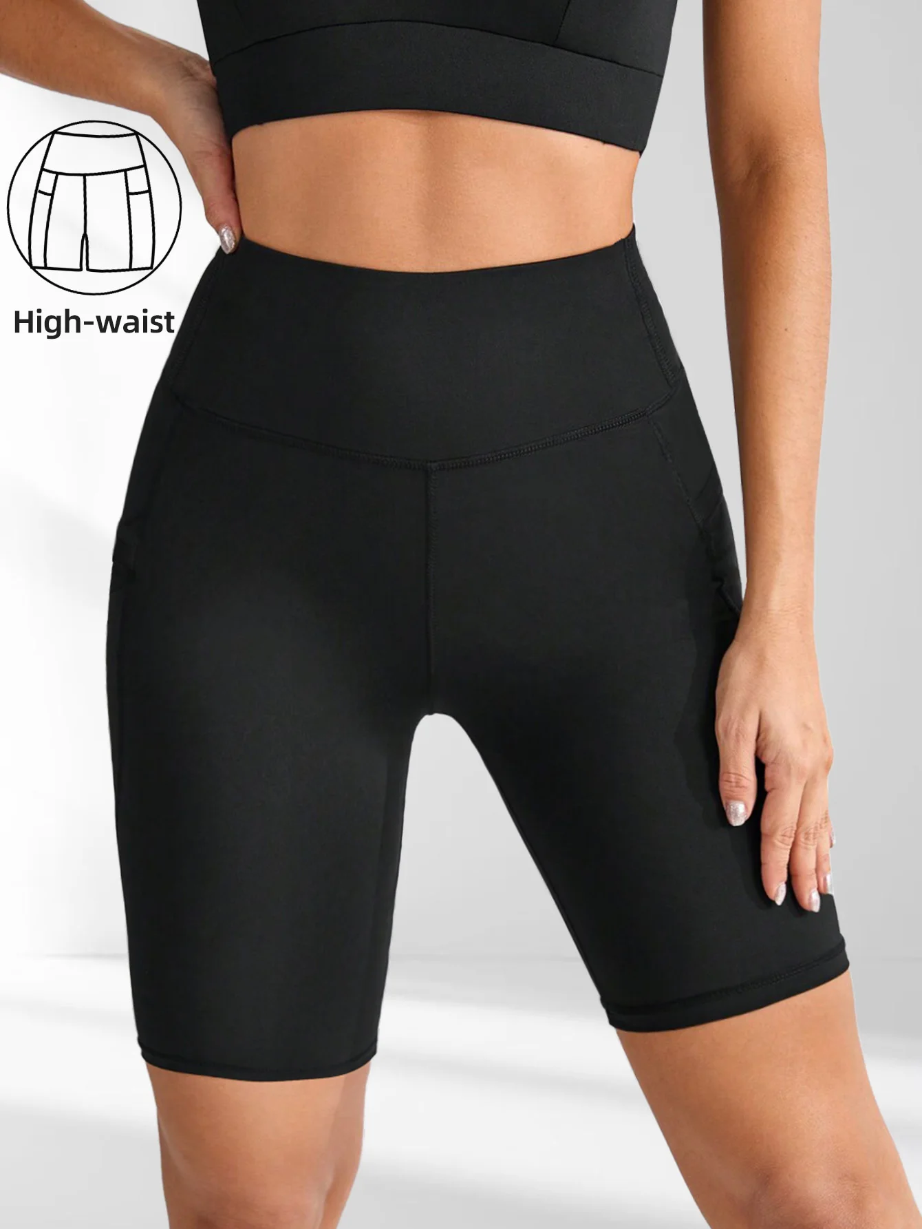 High Waist Yoga Biker Shorts with Side Pocket 4 Way Stretch Breathable Slim Fit Sweatpants Women's Jogging Shorts for Gym Workou