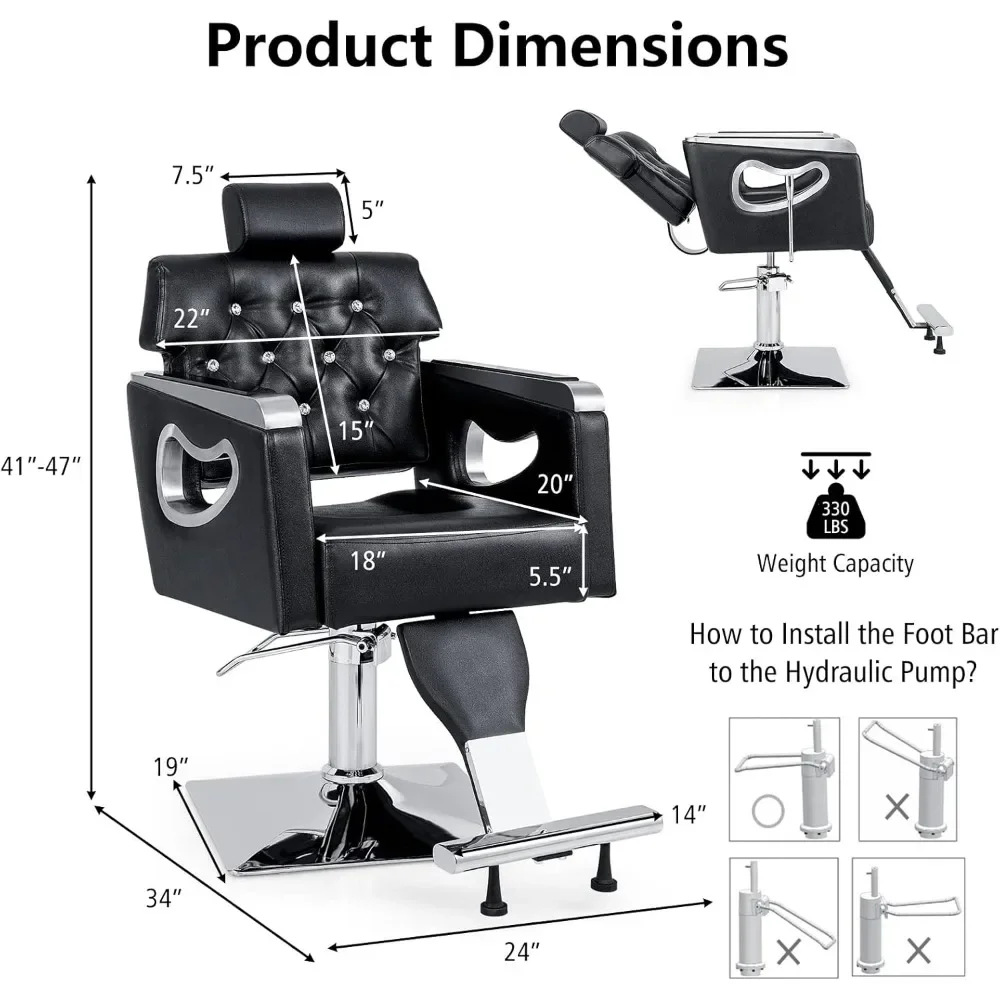 Chaise de barbier inclinable avec pompe hydraulique rapide, chaise de salon, chaise de coiffure rembourrée en cuir PVC, réglable, recommandé