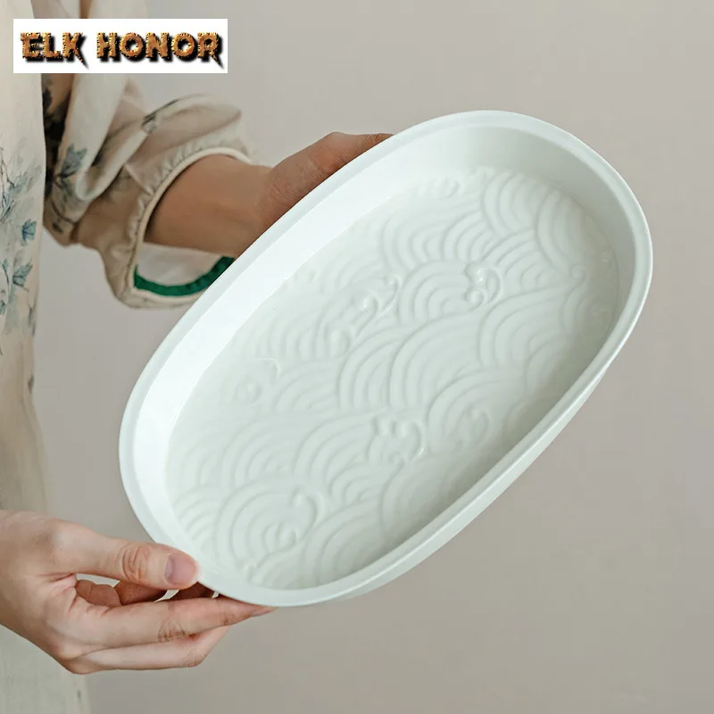 Creative Plain White Porcelain Oval Tea Tray Dry Brewing Small Tea Table Household Tray Decorative Partition Plates Service Tray