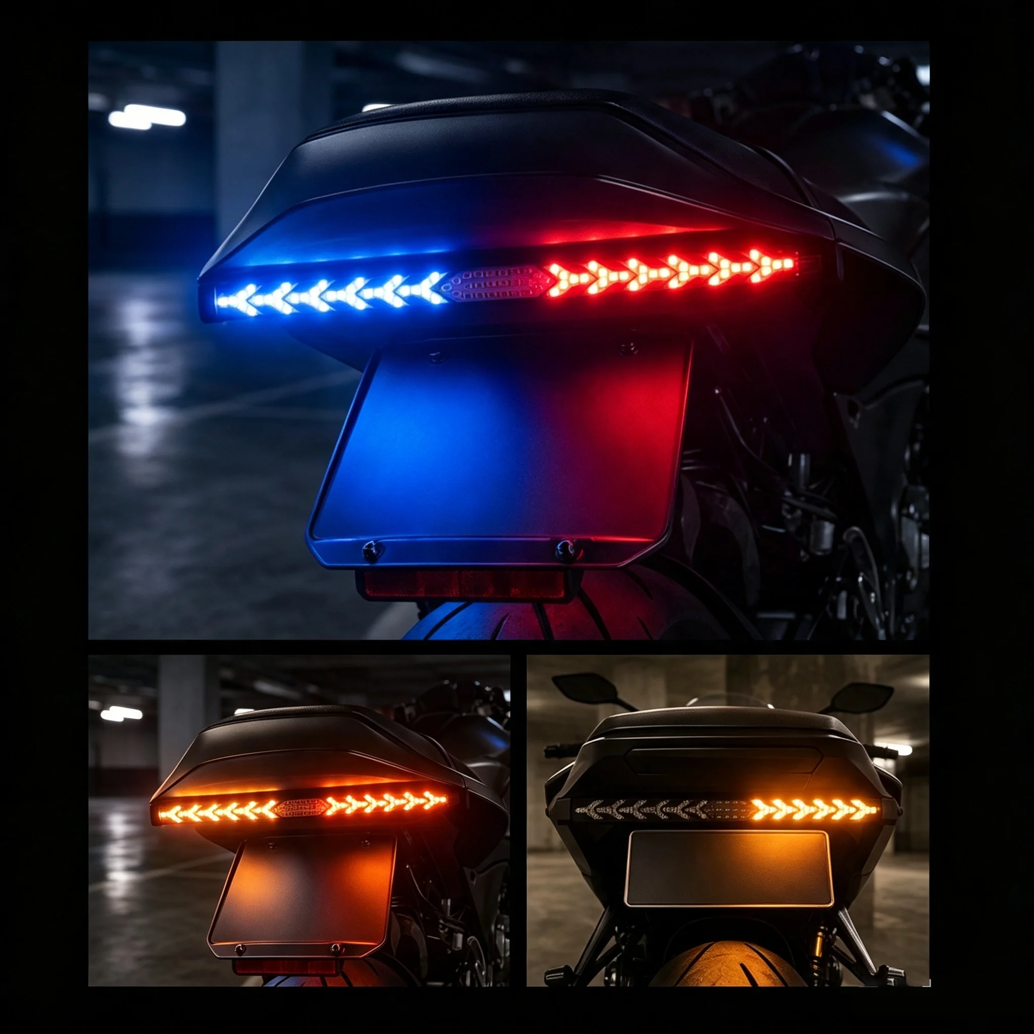 Motorcycle Fishbone LED Tail Light Strip Red Blue Strobe Flash Dynamic Flowing Turn Signal Multi-Mode Car Rear Brake Warn Light