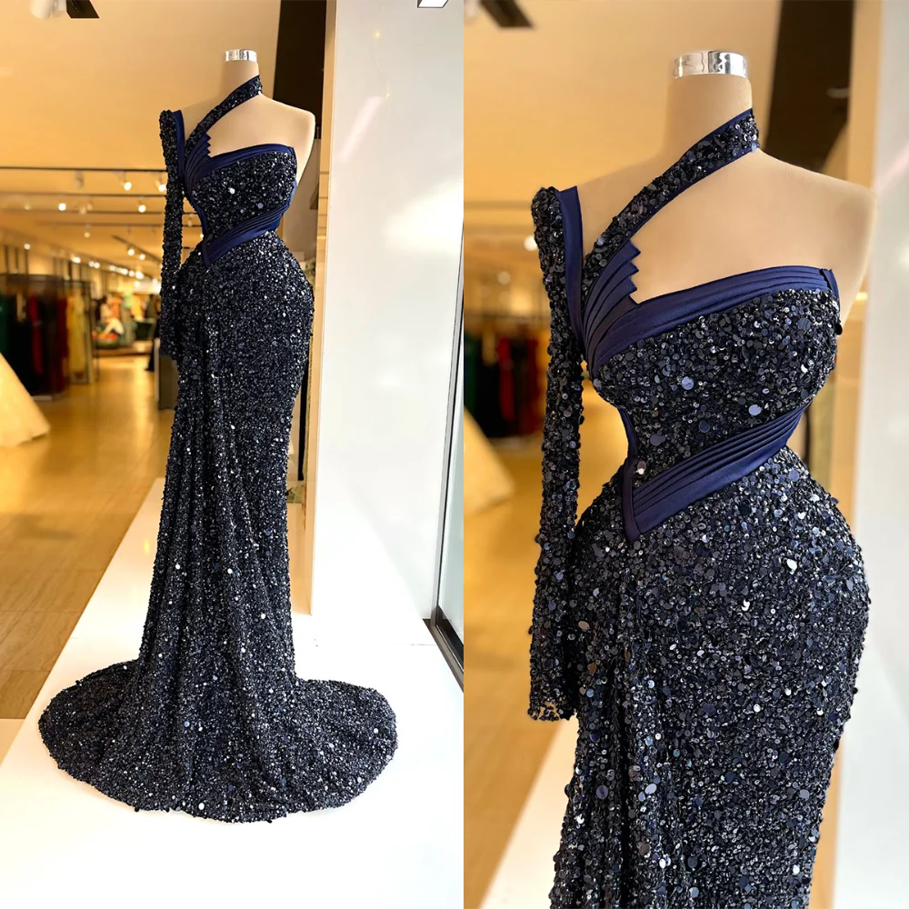 Black Sequined Evening Dresses Fashion One-Shoulder Pleat Mermaid Prom Gowns Elegant Formal Sweep Train Women Party Dresses