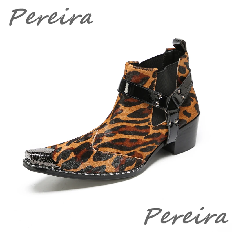 

Retro Leopard Print Horsehair Ankle Boots Iron Pointed Toe Slip-On High Heel Chelsea Boots British Style Party Banquet Shoes