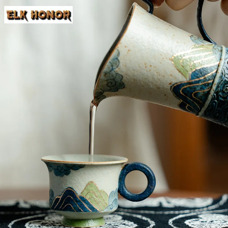 40ml Hand-painted Tracing Gold Green Mountains Teacup Vintage Tea Bowl Tea-tasting Smelling Cup Chazhan Master Cups Teaset 1pc