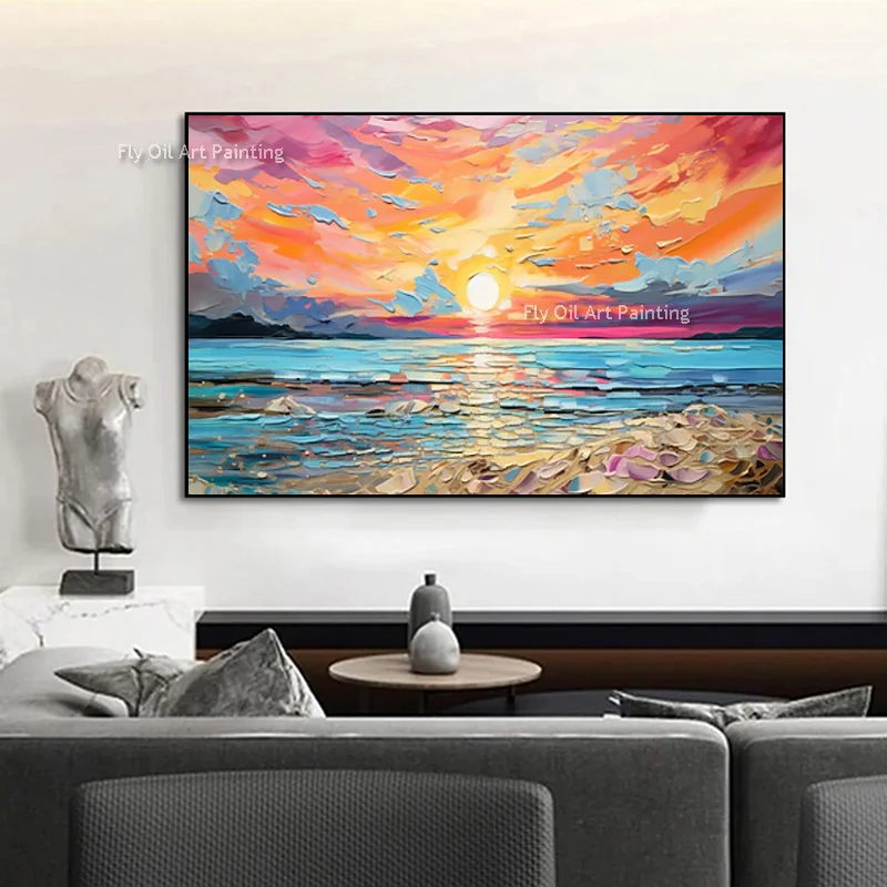 Hand‑Painted Impasto Seascape Oil Painting, Colorful Sunset Ocean Canvas, Handmade Thick Texture Coastal Wall Art for Home Decor