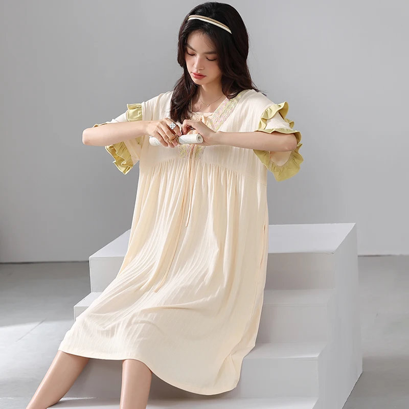 

Summer 2022 pure cotton women's pajamas solid color short-sleeved five-cent dress dress can be worn outside the home clothes