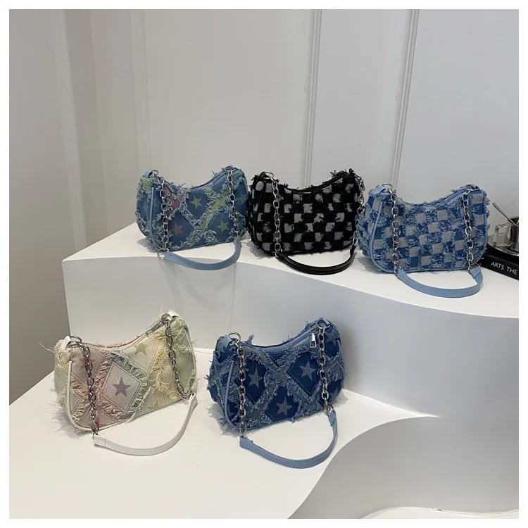 Damen-Tragetasche mit Sternmuster, blauem Distressed-Design, goldfarbene Hardware, stilvolle Handtasche, Umhängetasche für den täglichen Gebrauch – Detail 11