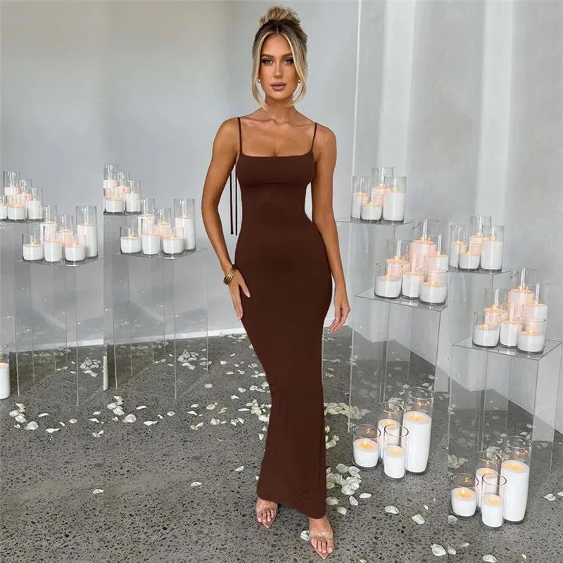 Sexy Backless Solid Color Bodycon Dress with Straps for Women Evening Party