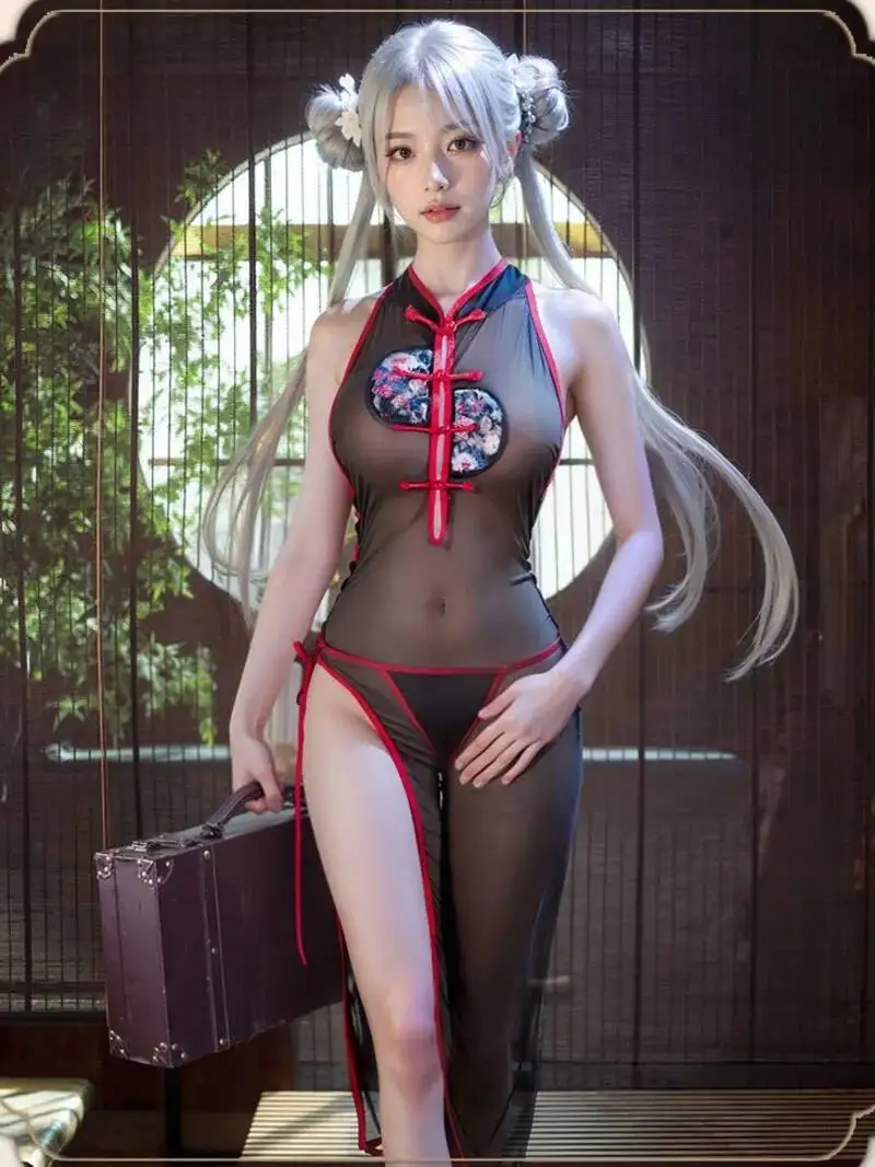 Sexy Maglia di Pizzo Sheer Cheongsam Tentazione Calda Trasparente Uniforme Pigiama Abito Elegante Carro Armato Mini Vestito 2025 Nuove Magliette E Camicette 6D4J