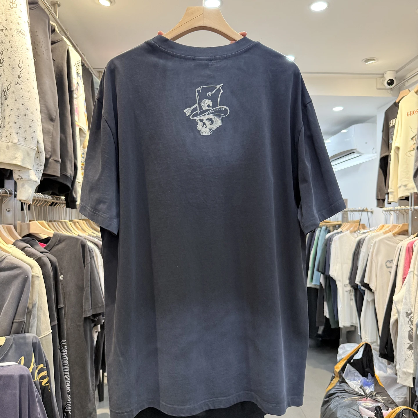 Street Style Skeleton Magic Master Letter Print round Neck Short Sleeve Vintage Washed Loose T-Shirt Trendy Unisex Casual Top