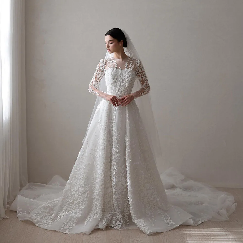 

Luxurious Weddings Dresses with O Neck Long Sleeves A Line Sweep Train Lace Brides Dress for Women Church Bridal Gown Customized