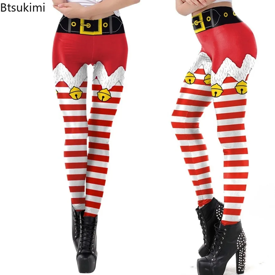 Christmas Stocking Stripes 3D Print Leggings Women Mid Waist Sexy Tights Elf Dress Up Bottom Funny Christmas Carnival Party Pant