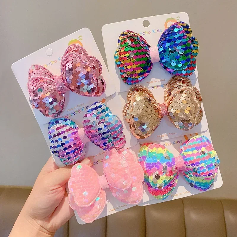 1pc Laser Sequins Bangs Side Duckbill Clip Bow Hair Clips Girls Sweet Cute Children Headdress Hair Styling Accessories Wholesale