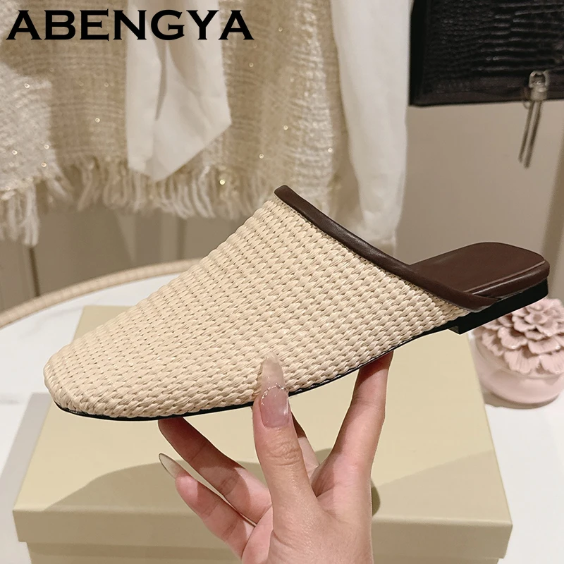 Round Wrap Toe Flat Sole Half Slippers For Women Breathable Mesh Weave Slip On Lazy Mules Summer Casual Beach Slides Shoes Femme