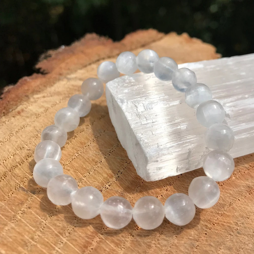 Ruberthen Natural 8 MM Tanzania AAA Selenite Bracelet White Light Clarity Selenite Beaded Wrist Mala Spirituality Chakra Healing