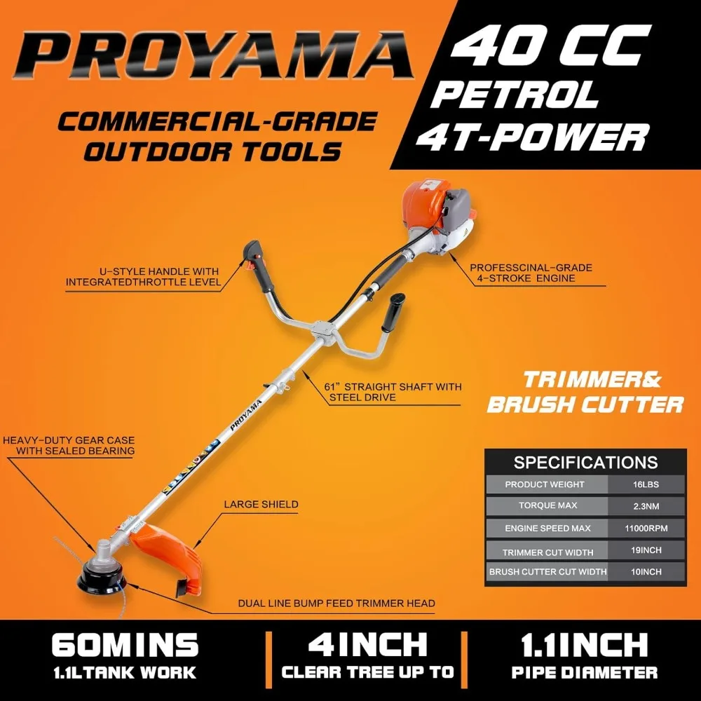 40cc Gas Powered Brush Cutter, 4-Cycle Weed Eater, 3 in 1 Dual Line Gas String Trimmer and Grass Trimmer