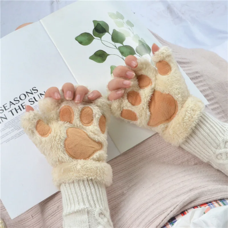 Women Bear Plush Cat Paw Claw Gloves Winter Faux Fur Cute Kitten Fingerless Mittens Gloves Christmas Halloween for Womens Girls