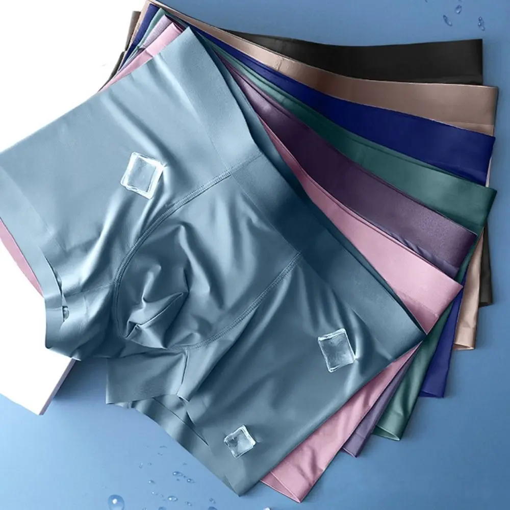 

4PCS Elastic Mid Waist Men's Ice Silk Panties Simple Solid Seamless Boxers Briefs Lingerie Underpants Underwears for Man Male