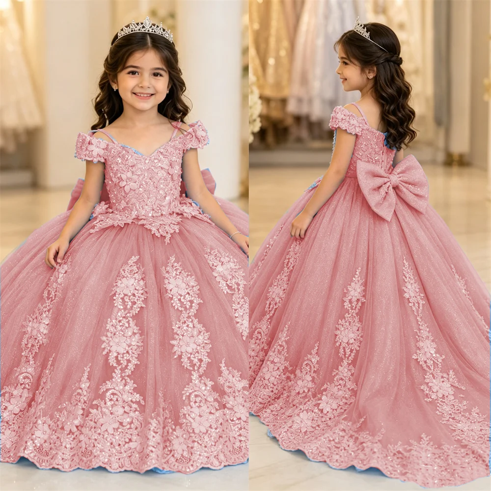 Custom Dusty Pink Flower Girl Ball Dress Sequin Fluffy Stickers Tulle Bow Princess Wedding Party First Communion Dress