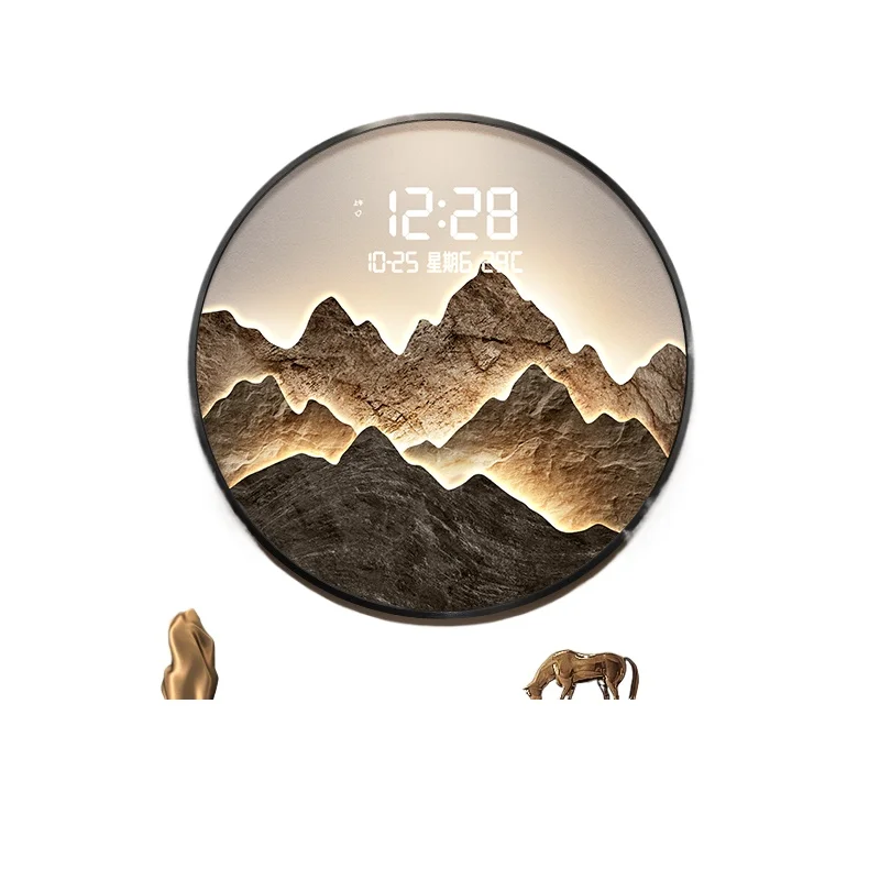 Entryway Decorative Wall Art with Clock, Round Electronic Luxury Wall Painting, New Chinese Style Hanging Mural Clock