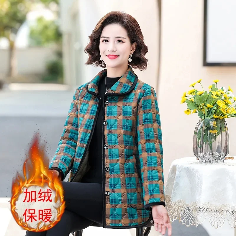 

Middle Aged Mother 2023 Winter Plush Thick Cotton Jacket With Belly Covering Fashion Plaid Coat For Middle-aged Elderly Clothes