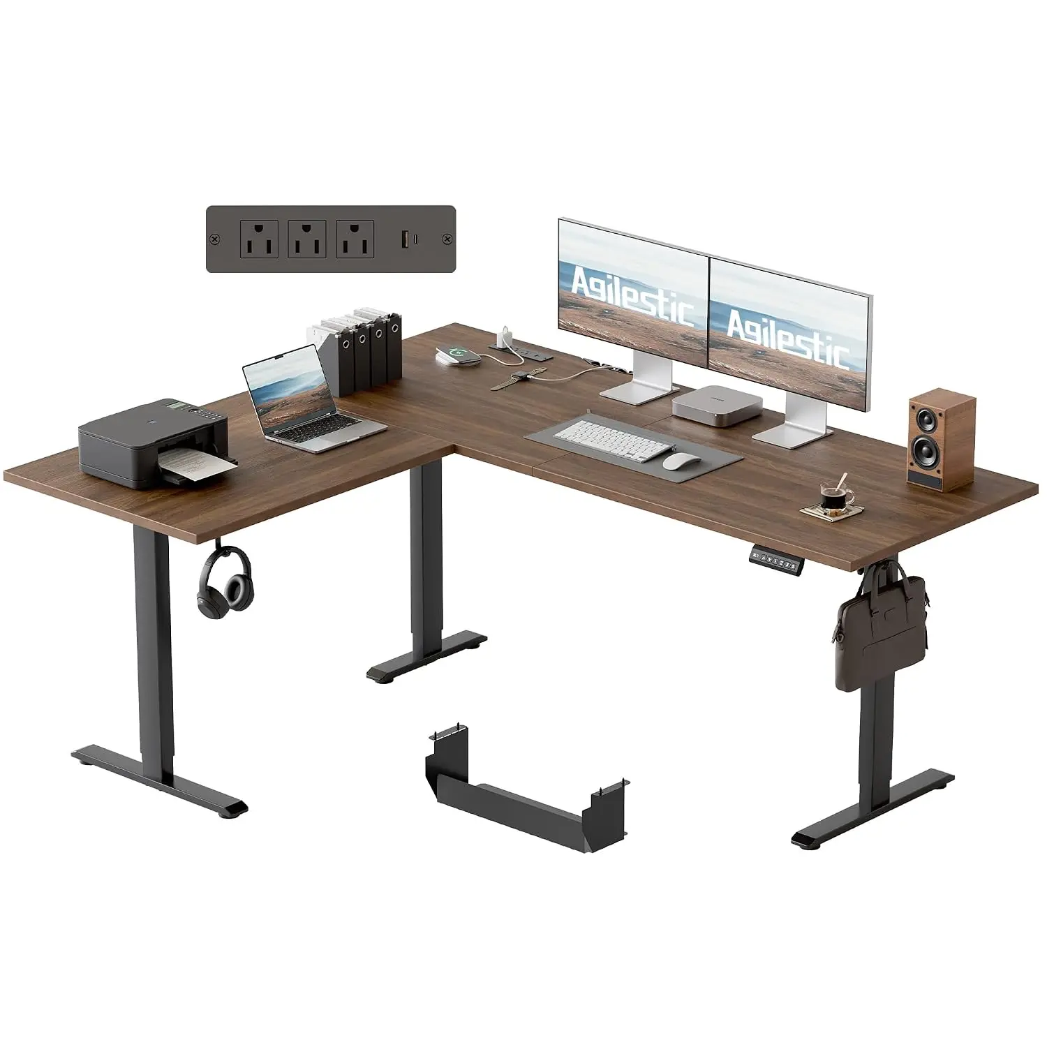 L Shaped Standing Desk With Powerstrip 63x55 Inch Dark Walnut, Customized