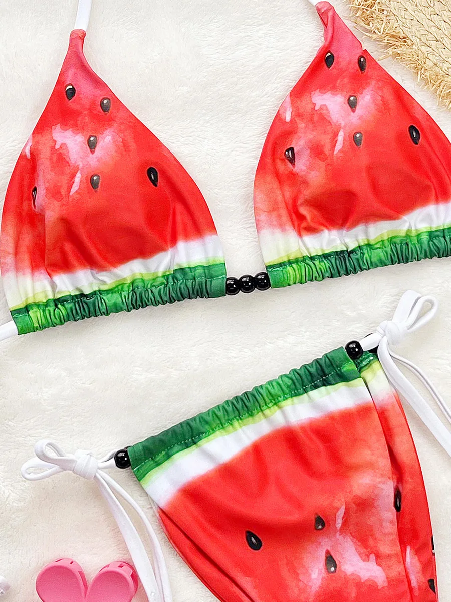 Pastèque imprimé licou Bikini femmes maillots de bain femme maillot de bain deux pièces Bikini ensemble à bretelles baigneur maillot de bain maillots de bain
