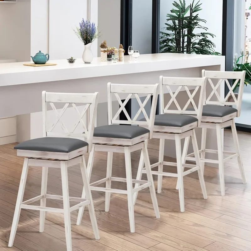 Bar Stool Set of 4, 360 °Swivel Bar Height 29.5 inch Bar Stool with Foot Rest Upholstered Cushion & Ergonomic Backrest