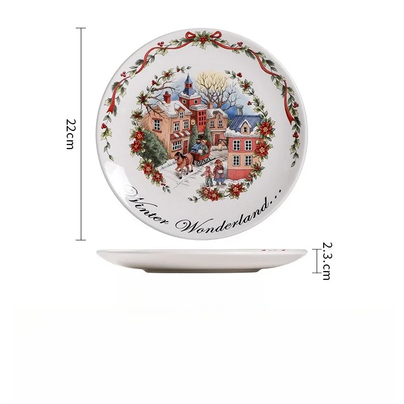 European Style Ceramic Flat Plate Creative Christmas Round 8.6 Inch Dining Plate