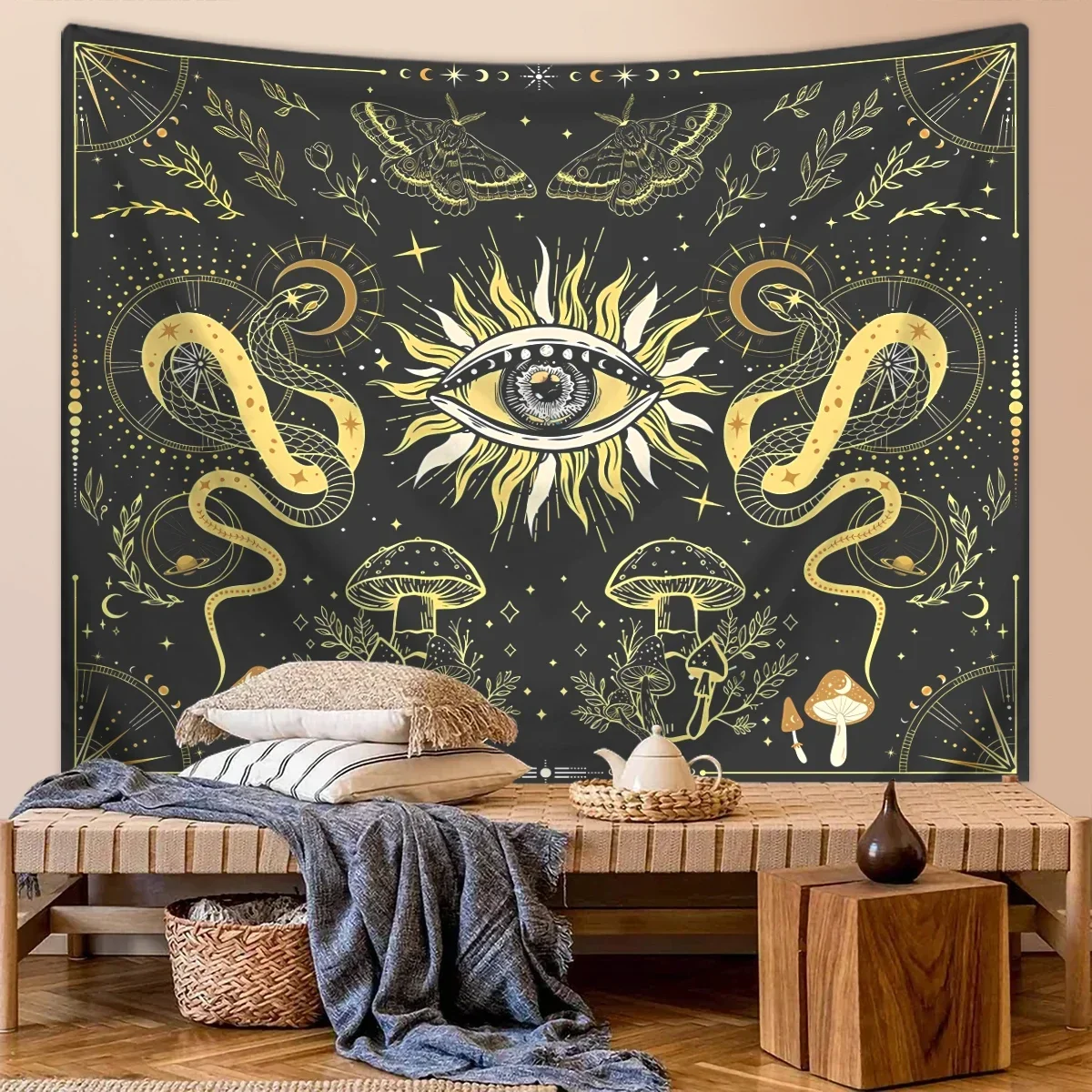 1pc Hippie style sun eye tapestry, retro magic moth mushroom snake tapestry, tarot card astrology moon and star tapestry