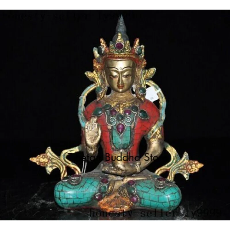 Tibetan bronze Red turquoise silver gem tara Kwan-yin Guanyin God Buddha statue