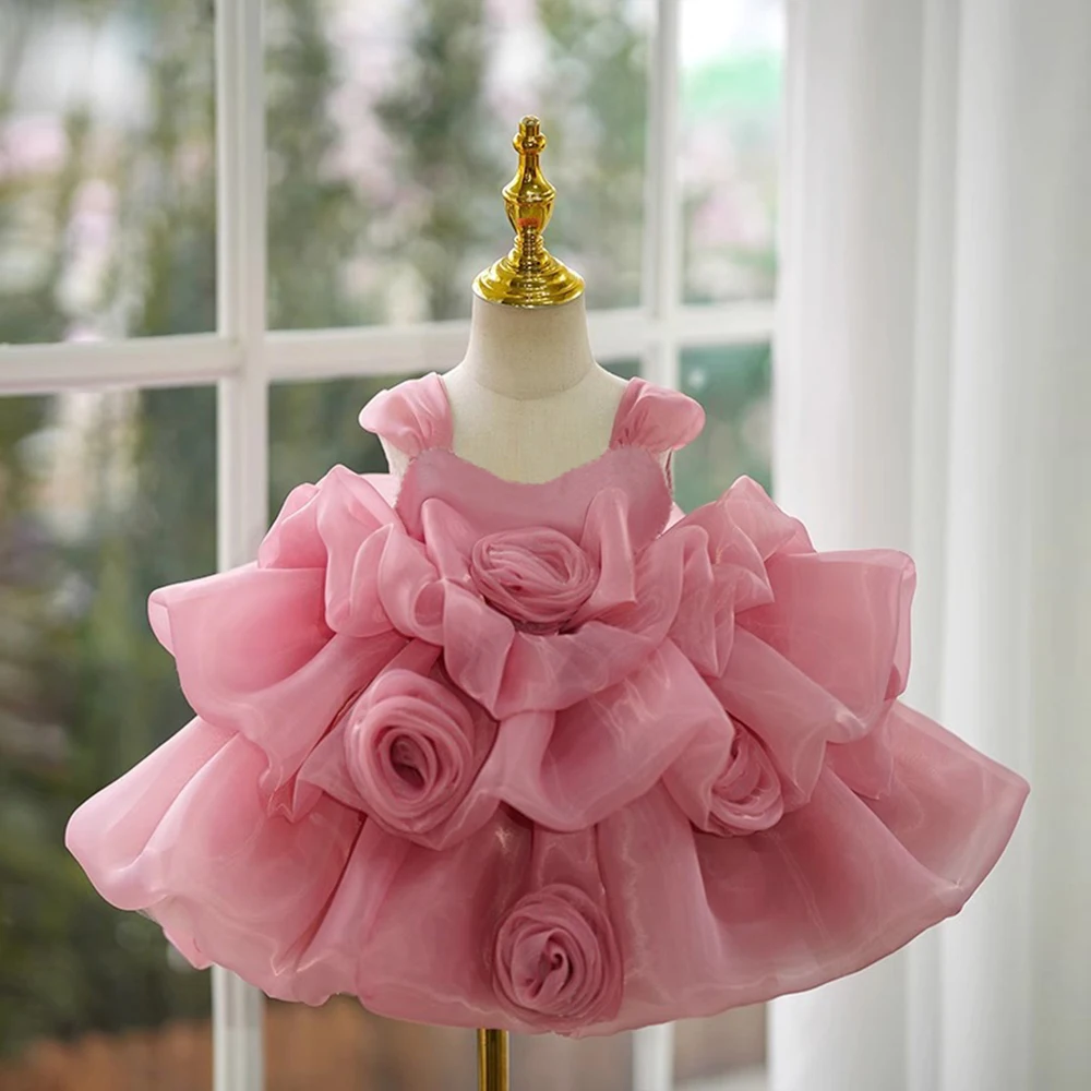 

Flower Baby Girls Dresses For Wedding Kids Roses 1st Birthday Baptism Puffy Gown Children Party Toddler Ceremony Luxury Clothes