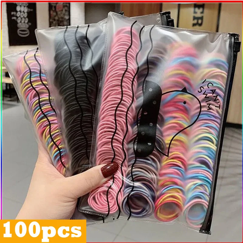 

100pcs/Bag Girls Cute Colorful Basic Elastic Hair Bands Ponytail Holder Children Scrunchie Rubber Band Kids Hair Accessories