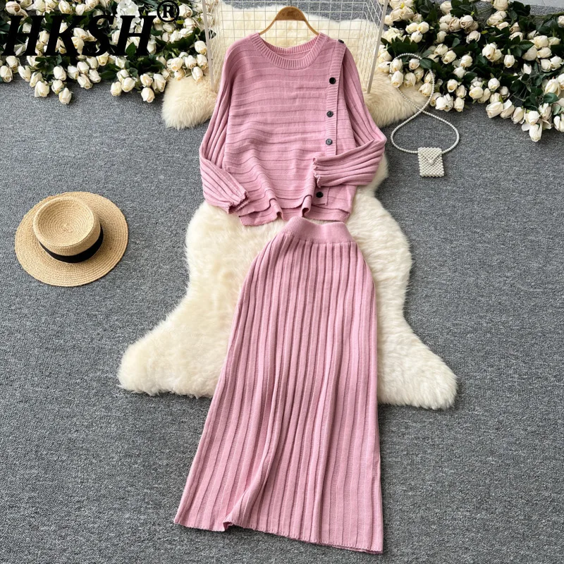 

HKSH Autumn New Women Two-piece Set Solid Color Asymmetrical Design Pullover Knitted Sweater Sweet Elegant Fashion Skirts HK9413