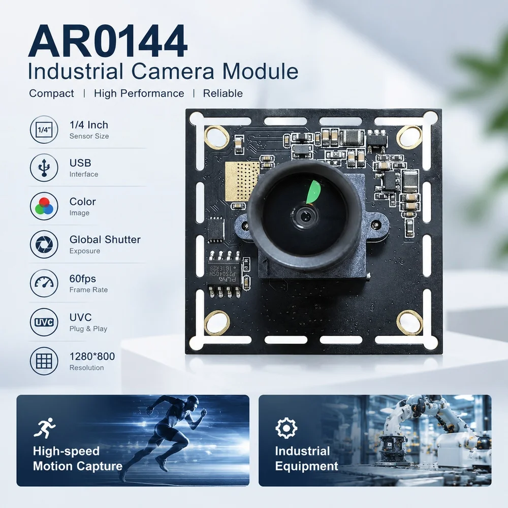 AR0144 Industrial Camera Module with 1/4 Inch USB Color Global Shutter Exposure 60fps UVC 1280*800 for High-speed Motion Capture
