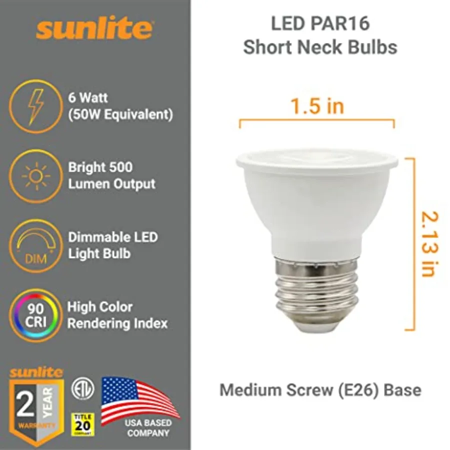 LED PAR16 Short Neck Recessed Flood Light Bulb 6-Watt, 50W Halogen Replacement,500 Lumens, Medium E26 Base, Dimmable, 90 CRI, E