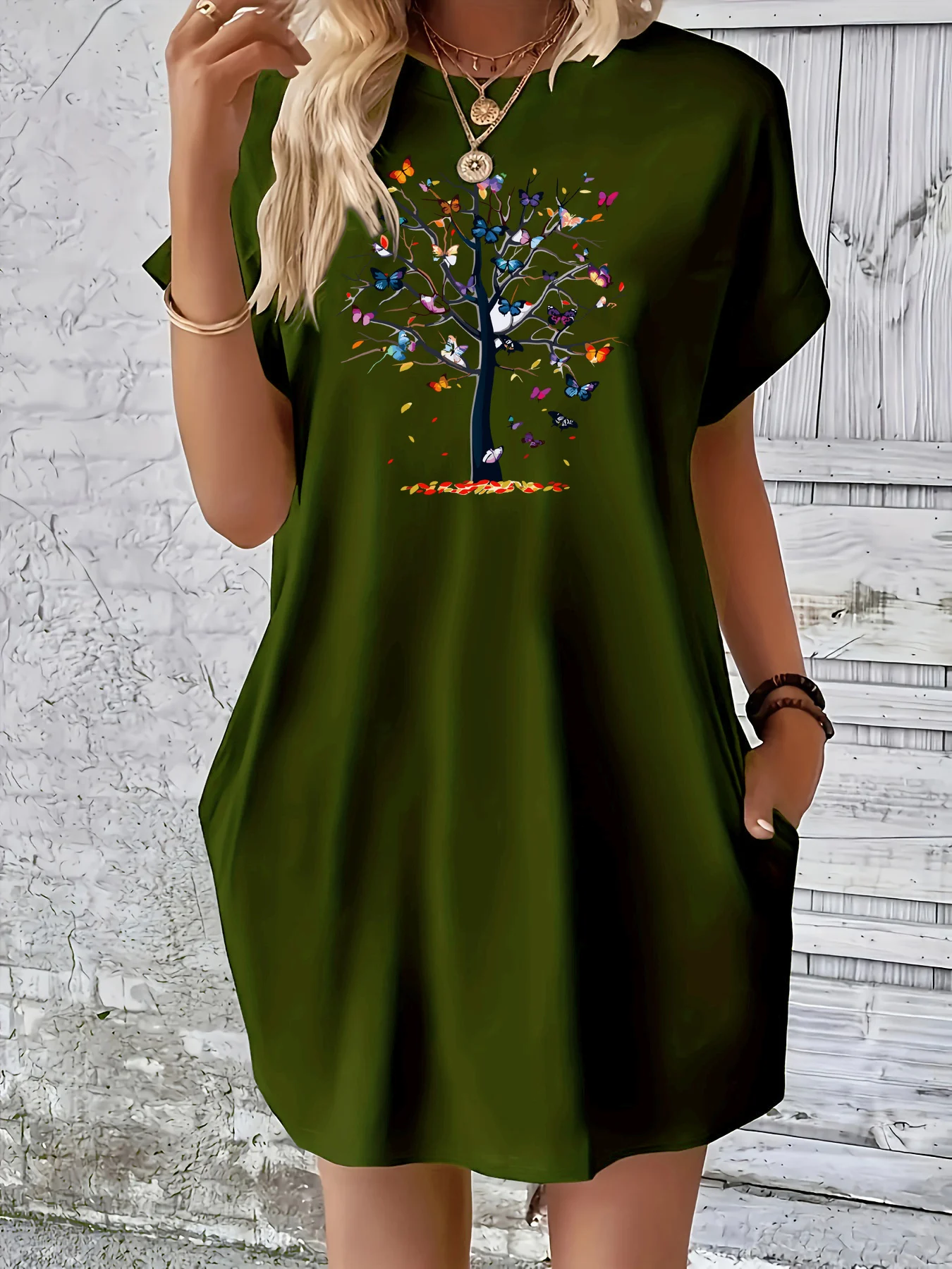Women's summer loose plus classic butterfly tree pattern printed round neck short sleeved pocket comfortable casual dress
