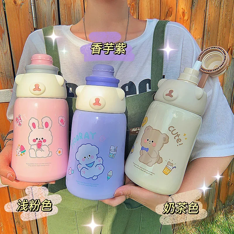 1130ml Hug Bear Large-capacity High-value Water Cup Thermos Cup Girl Cute Go To School with Straw Pot Children Big Belly Cup