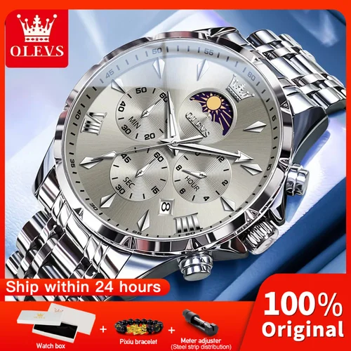 Imagen 1 del producto OLEVS 3653 reloj de cuarzo para hombre, reloj cronógrafo multifuncional para hombre, resistente al agua hasta 30M, caja de fase lunar luminosa Original