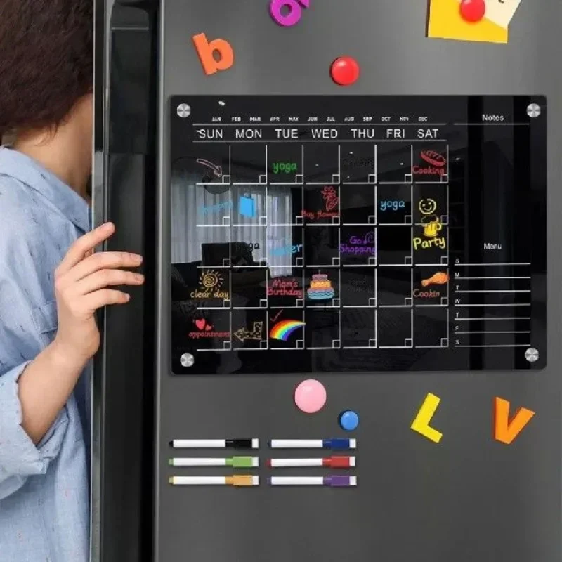 Magnetic Fridge Sticker Acrylic Calendar Reusable Kitchen Refrigerator Planner Boards Black Dry Erase Message Writing Board