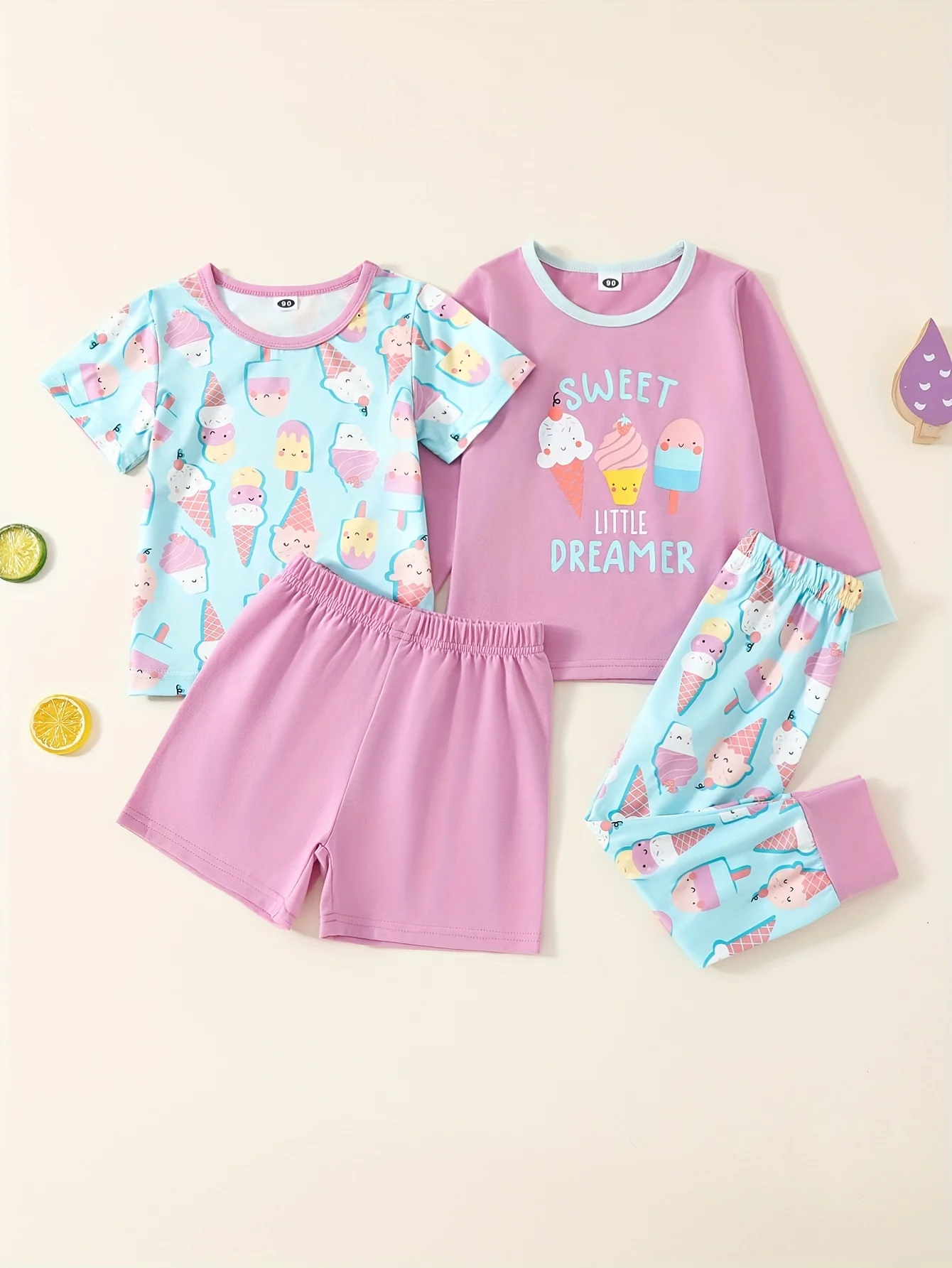 

Милый комплект домашней одежды для девочек с принтом мороженого, топ с длинным/коротким рукавом + шорты/брюки, комплект из 4 предметов